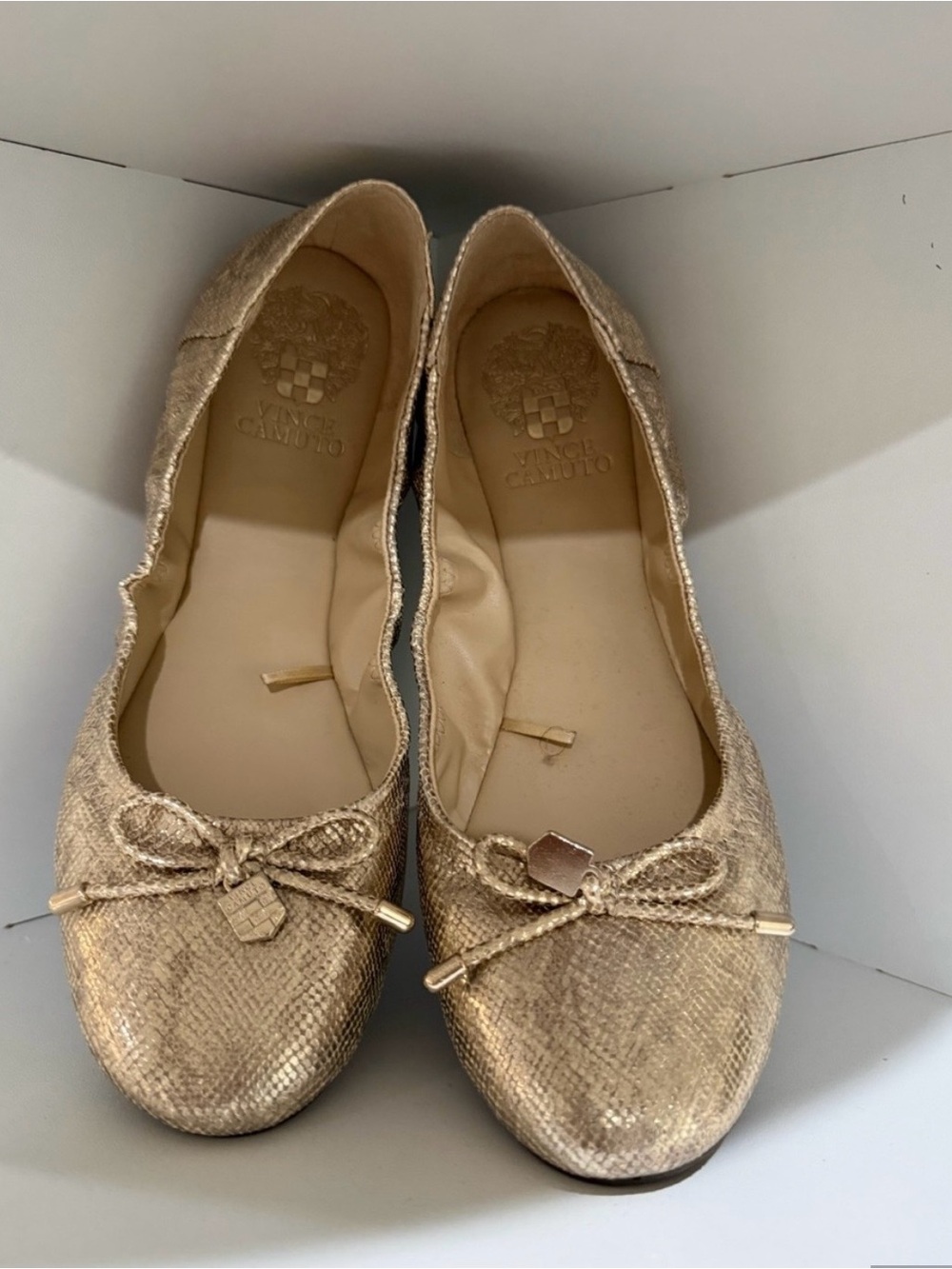 Vince Camuto Metallic Gold Snake-Textured Ballet Flats with Bow